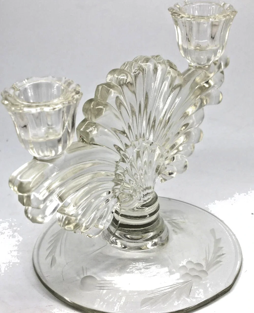 Vintage Art Deco Glass Double Two Candle Holder Elegant Centerpiece 1930s-5.75